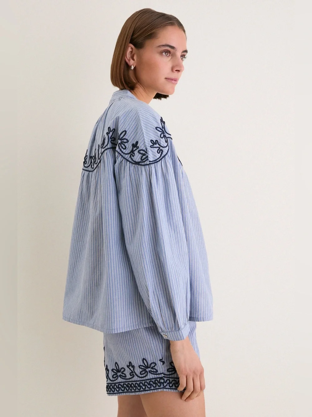 Tuckernuck Soutache Embroidered Jacques Blouse & Ava Shorts Set in Blue/White, M